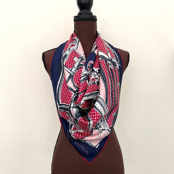 New Louis Vuitton Scarf Trunks & Luggage Monogram Blue Red Silk Wrap - Picture 10 of 16